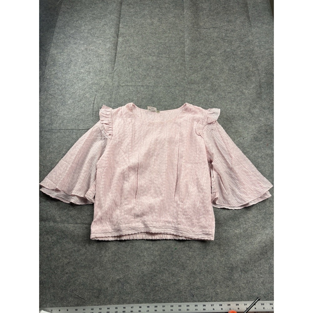 Womens XL Cropped Pink Polka Dot Ruffle Blouse VTG Style Feminine Girly Prep SEE